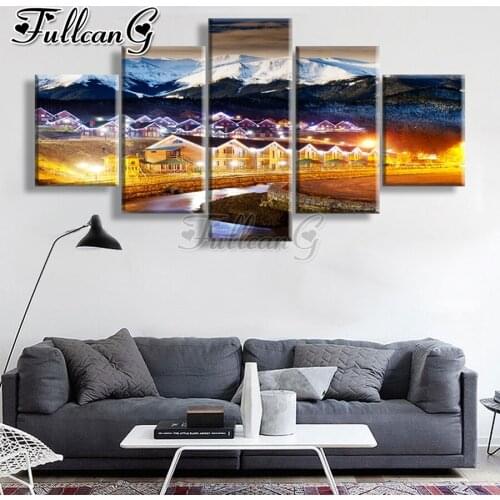 FULLCANG Snow Mountain Villa 5 piece diy diamond painting full square round drill mosaic embroidery sale home decor FC3451