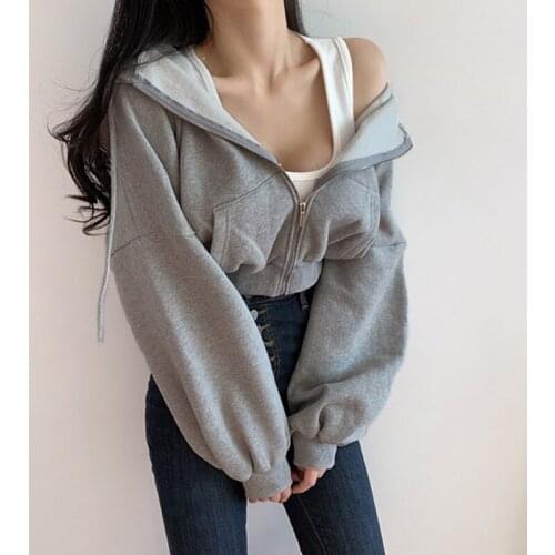 Short Hoodies Women Solid Sweatshirt Tracksuit Long Sleeve Female Crop Top 2021 Fashion Korean Clothing Harajuku