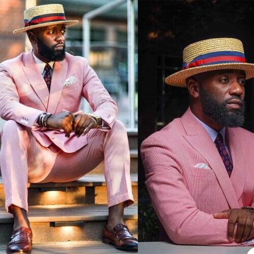 Hot Fashion Pink Mens Tuxedos Groom Wear Double Breasted Wedding Blazer Suits Formal Business Prom Outfit 2 Pieces