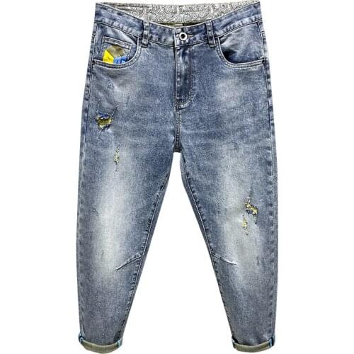 Mens Ripped Jeans Mens Cropped Trousers Light Blue Elasticity Capris Pants 2021 Summer Casual Tapered Ankle Length Pants Hombre