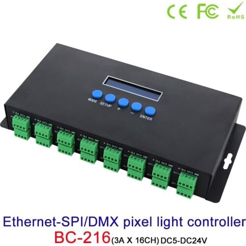 New Artnet Ethernet to SPI/DMX pixel led light controller BC-216 DC5V-24V 3Ax16CH Support Artnet/Artnet and sACN E.1.31 protocol