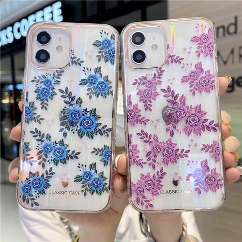 New Retro Rose Flower Clear Phone Case for iPhone 12 11 Pro XR X XS Max 8 7 Plus Cute Laser Floral Leaves Soft Tpu Back Cover