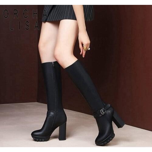 ORCHALISA Autumn Winter Knee-high boots Round toe Square heel Zipper Solid Buckle Platform Big size 33-43 Black Date Party C2018