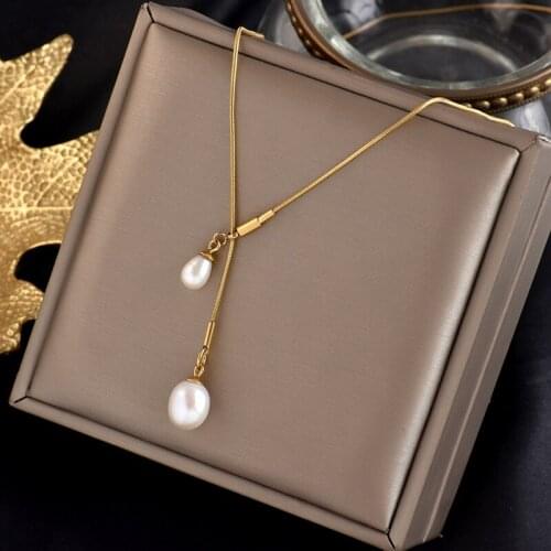 Titanium steel adjusted natural pearl necklace Y word advanced sense delicate temperament clavicle chain tide