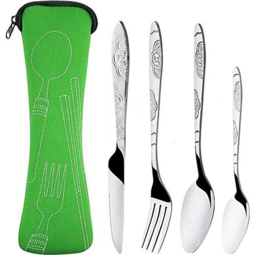 4Pcs Steel Knifes Fork Spoon Set Family Travel Camping Cutlery Eyeful Four-piece Dinnerware Set with Case Portable Tableware