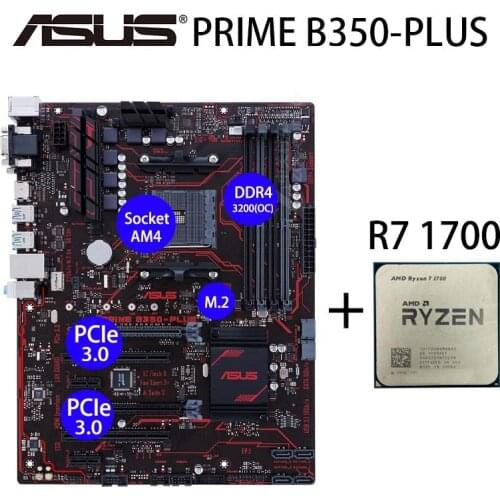Socket AM4 Motherboard CPU AMD Ryzen 7 R7 1700 + Asus PRIME B350-PLUS 64GB DDR4 M.2 HDMI-Compatible AMD B350 Placa-Mãe