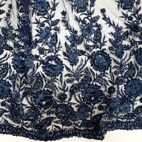 Luxury nave blue handmade 3d embroidery lace applique with heavy beaded for wedding gown HY0624