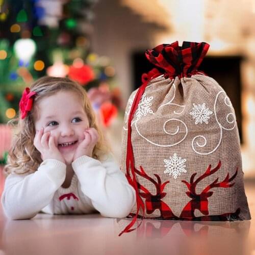 Christmas Dual Deer Gifts Storage Bag Drawstring Pouch Xmas Tree Pendant Decoration Kid Christmas Gifts Storage Bag Home Decor