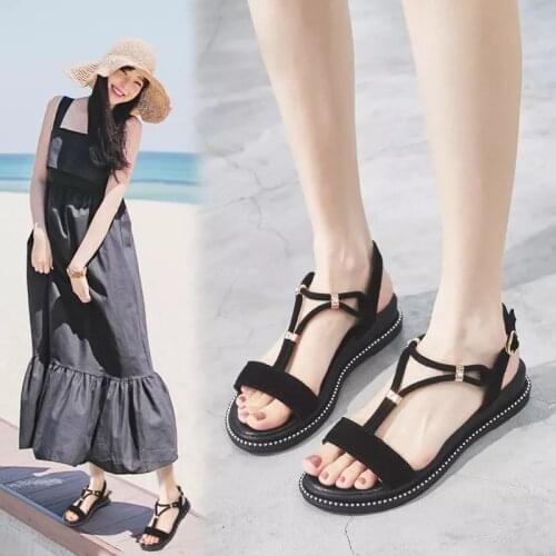 Summer womens shoes genuine leather womens sandals anti velvet leather net red Roman slope heel sandals womens shoes