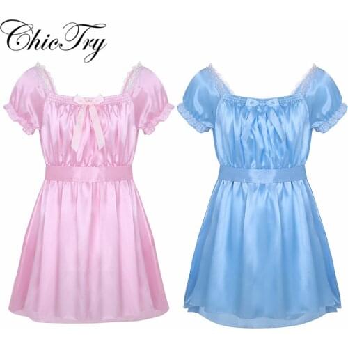 Sissy Mens Lingerie Exotic Dress for Men Shiny Soft Satin High Low Crossdress Lingerie Dress with Sash Nightwear Gay Underwear