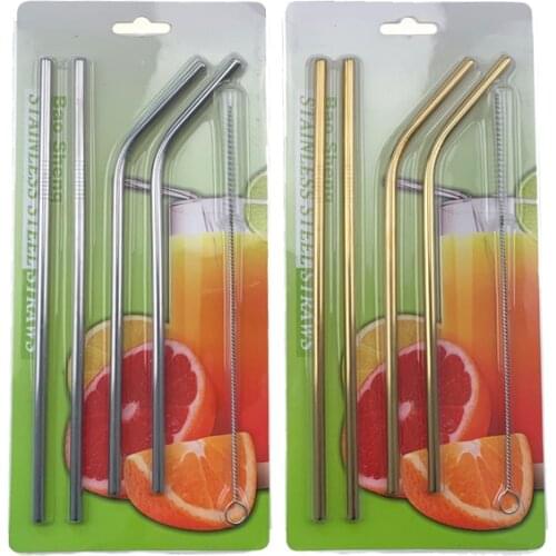 1 set Gold Silver color Stainless steel straws Food grade 4 Straws and 1 Brush Straight and curved