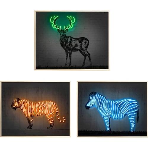 Modern Neon Animal Poster Shark Zebra Tiger Bull Deer Skull Print Painting Nordic Kids Bedroom Bar Canvas Wall Art Home Decor
