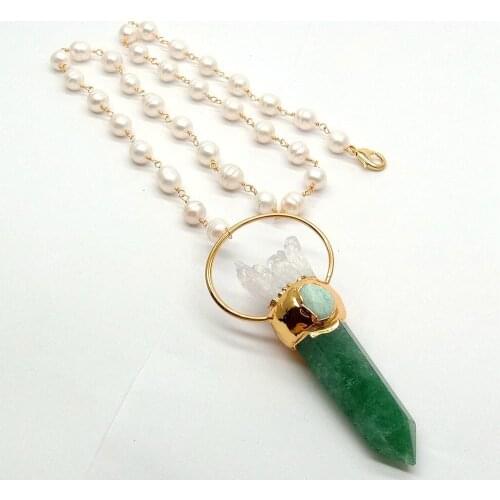 YYGEM natural White Rice Freshwater Pearl Wrap Necklace Green Muscovite Point White Quartz Raw Pendant necklace
