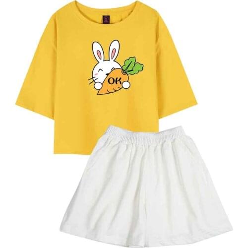 Women Pajamas Kawaii Cute Bunny Women Clothing Sets Summer Plus Size Female Casual Suit Shorts Sweatshirt and Short Set Tops