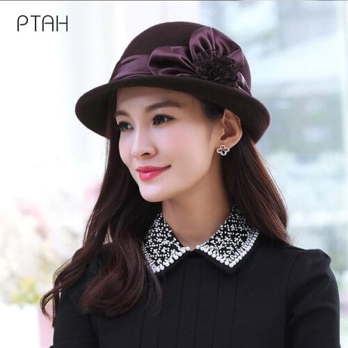 [PTAH] Fashion Fedoras Hats For Women Temperament Elegant 2021 New Autumn Winter Warmer Hats Caps Ladies 100% Wool High Quality