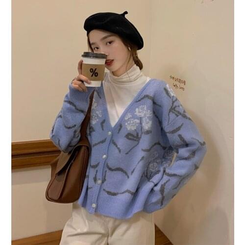 Harteen 2021 Spring Autumn New Loose v-Neck Tops Femme Knitted Cardigan Sweater Ladies Korean Fashion Long Sleeve Womens Clothes