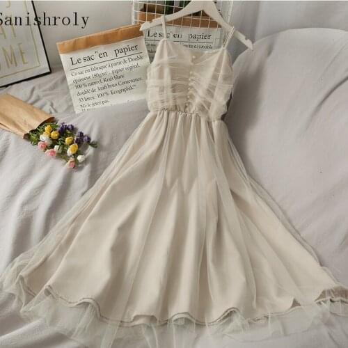 Sanishroly 2021 Summer Women Lace Mesh Dresses Sexy V-Neck Beading Spaghetti Strap Dress Ladies Large Hem Long Vestidos SE1173