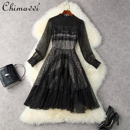 Womens Clothing Fashion Lantern Sleeve Large Swing Wooden Ear Hollow Lace Dress High Waist Slim High-End Elegant Black Dress