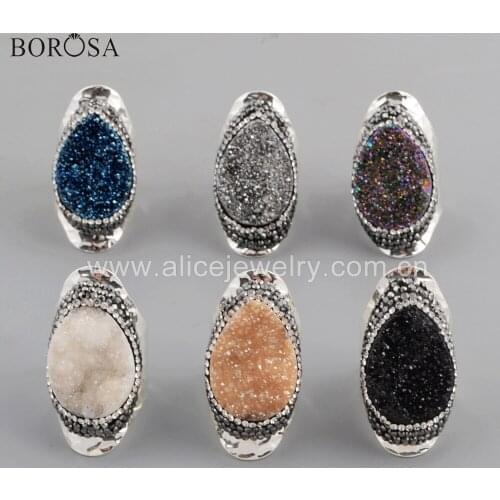 BOROSA NEW Rainbow Drusy Band Rings Natural Agates Druzy Titanium Drop Paved Crystal Party Ring Fashion Jewelry For Lady JAB955