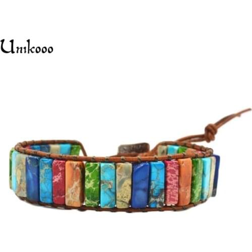 Handmade 7 Chakra Natural Tube Beads Stone Bracelet Leather Wrap Wax Thread Bangle for Women Men Jewelry Bracelet