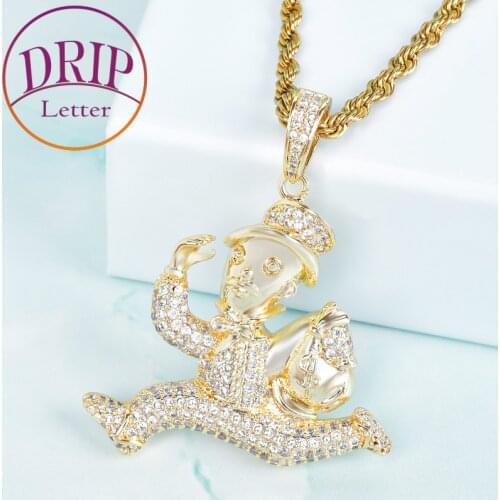 Monopoly Man Dollar Money Bag Pendant Gold Color 5A Cubic Zircon Necklace Hip Hop Jewelry For Gift