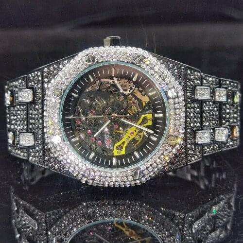 MISSFOX Black Hollow Movement Mans Mechanical Watch Top Brand Full Diamond Hiphop Men Watches Luxury Business Wristwacth Man