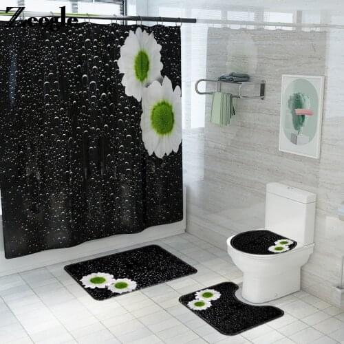 Floral Print Bath Mat and Waterproof Shower Curtain Set Flannel Bathroom Mat Set Memory Foam Toilet Mat U-Shaped Rug