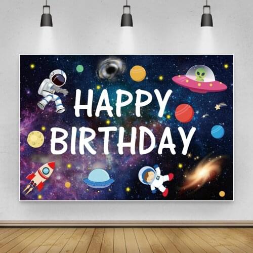 Laeacco Space Astronaut Spaceship Alien Space Theme Happy Birthday Party Decor Poster Baby Photo Backdrop Photographic Backdrop