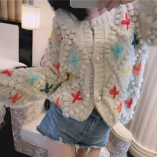 Spring Autumn New Handmade Three-Dimensional Fur Ball Embroidery Flower Knitted Cardigan Sweater Coat Women Female Lady Knit Top