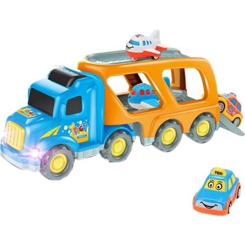 City Transport Truck Cartoon Vehicles Friction Powered Car Carrier with Sounds and Flash Light Push Go Taxi and Airplane