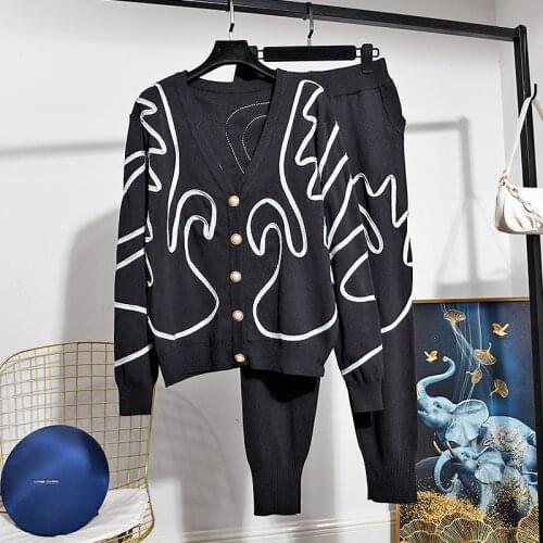 Fashion Loose Embroidery Knit Tracksuits Women Two Piece Outfits Black Long Sleeve Cardigan Sweater Pencil Pants Set 2pc Female
