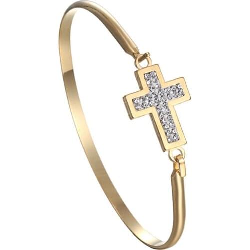 Fashion Crystal Cross Open Bangle For Women Girls Stainless Steel Wire Bracelet Manchette Girlfriend Gifts Summer Jewelry
