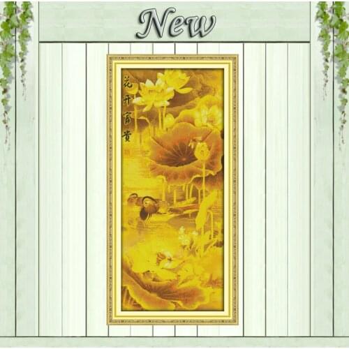 Golden lotus blooming flower painting decor Counted Printed on canvas DMC 11CT 14CT Cross Stitch kits Needlework Sets embroidery