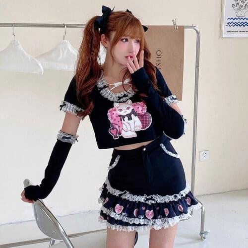 New Spring Autumn Gothic Harajuku Skirts Black Print Fashion Sweet Girl Punk High Waist Mini Kawaii Short Skirts Set