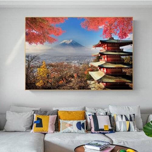 Landscape Posters and Prints Fuji Japanese Temple In Autumn Pictures Canvas Painting For Modern Living Room Home Wall Art Decor