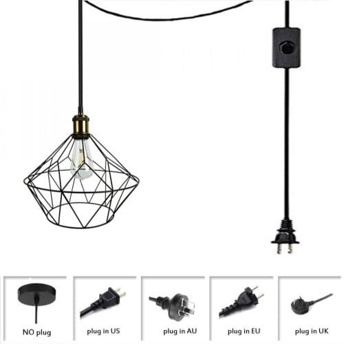 Industrial Rustic Cage Pendant Lamp Single Lights Ceiling Plug In Light Fixture Retro Pendant Lamp with Plug In Cord (Black)