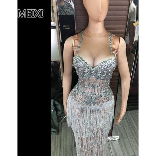 Sexy silver tassel glass diamond elastic dress bar nightclub concert singer/dancer costume