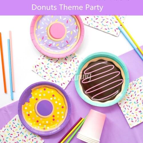 Donuts Party Disposable Plate Straw 6Pcs Donuts Balloon Birthday Decoration For Girls Baby Shower Party Supplies ww26