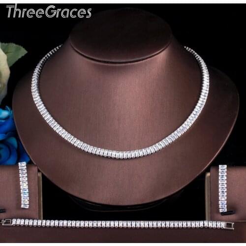 ThreeGraces Classic Wedding Jewelry Sets Sparkling Baguette CZ Crystal Silver Color Earrings Necklace Bracelet for Women TZ586