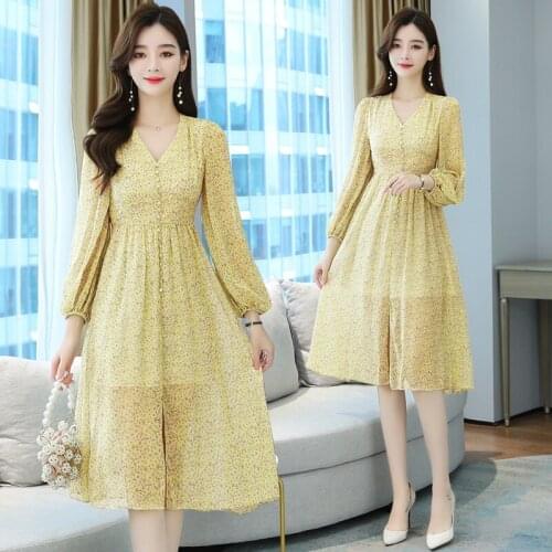 2021 Vintage Plus Size Floral Chiffon Midi Dress Autumn Winter Print Long Sleeve Dress Elegant Women Loose Casual Party Vestidos