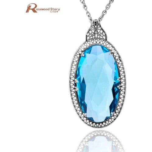 Vintage Large Pendant Handmade Big Lab Topaz Stone Real 925 Sterling Silver Statement Necklace Women Nepal Silver Slavic Jewelry