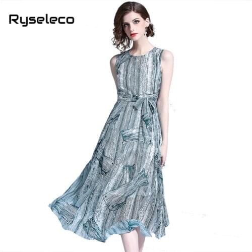 Women Boho Beach Holiday Tank Long Dresses 2018 Summer Clothes Elegant Bow Ties Abstract Strip Prints Chiffon Casual Vestido XXL