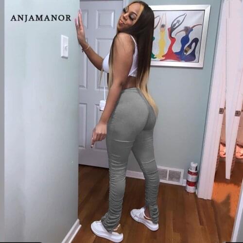 ANJAMANOR Split Ruched Stacked Sweatpants Women Leggings Plus Size Pleated Bodycon Pants with Pockets Workout Trousers D63-CE30
