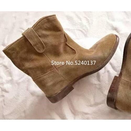 European Height Increasing Heel Suede Women Boots Round Toe Slip-on Autumn/Winter High Quality Western Boots Zapatos Mujer