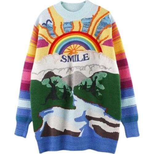 Oversized Sweater Women 2021 Fashion Rainbow Striped Embroidered Letters Knitted Pullovers Loose Casual Streetwear Tops Mujer