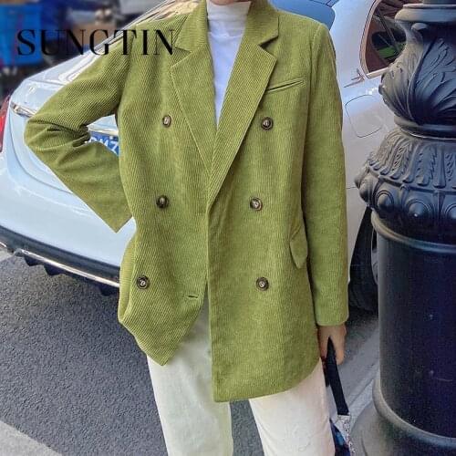 Sungtin Korean Corduroy Blazer Women Vintage Office Lady Black Blazer Jackets for Womens Double Breasted Loose Outwear 2021 Chic