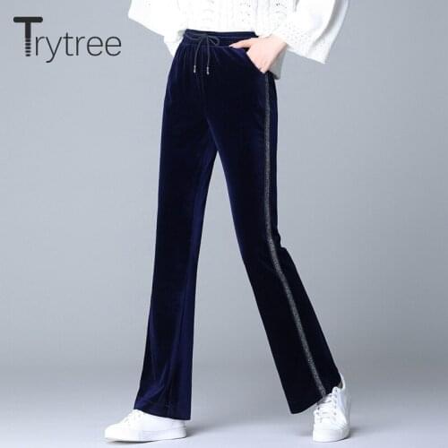 Trytree 2020 Winter Pants Women Casual Loose Velvet Wide Leg Pants Fleece Liner Elastic Waist Drawstring Pockets Womens Pants