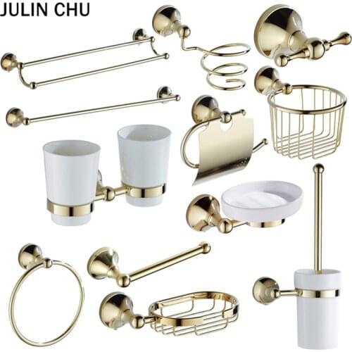 Gold Bathroom Hardware Set Antique WC Brush Holder Toilet Paper Towel Holders Shelf Double Wall Hooks Shower Shampoo Soap Dish