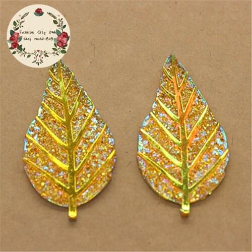 10pcs Cute Flatback Gold/Silver Bling AB Resin Leaf Cabochon DIY Jewelry/Wedding Decoration Craft,27*52mm
