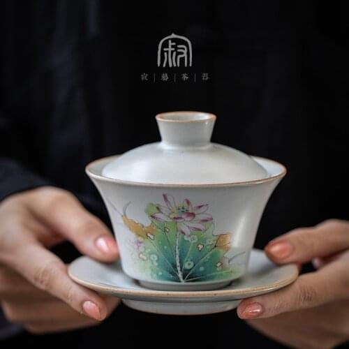 160ml Retro Ru Kiln Opening Cover Bowl Creative Painted Household Sancai Bowl Ceramic Large Tea Bowl Tea Set Tea Cup